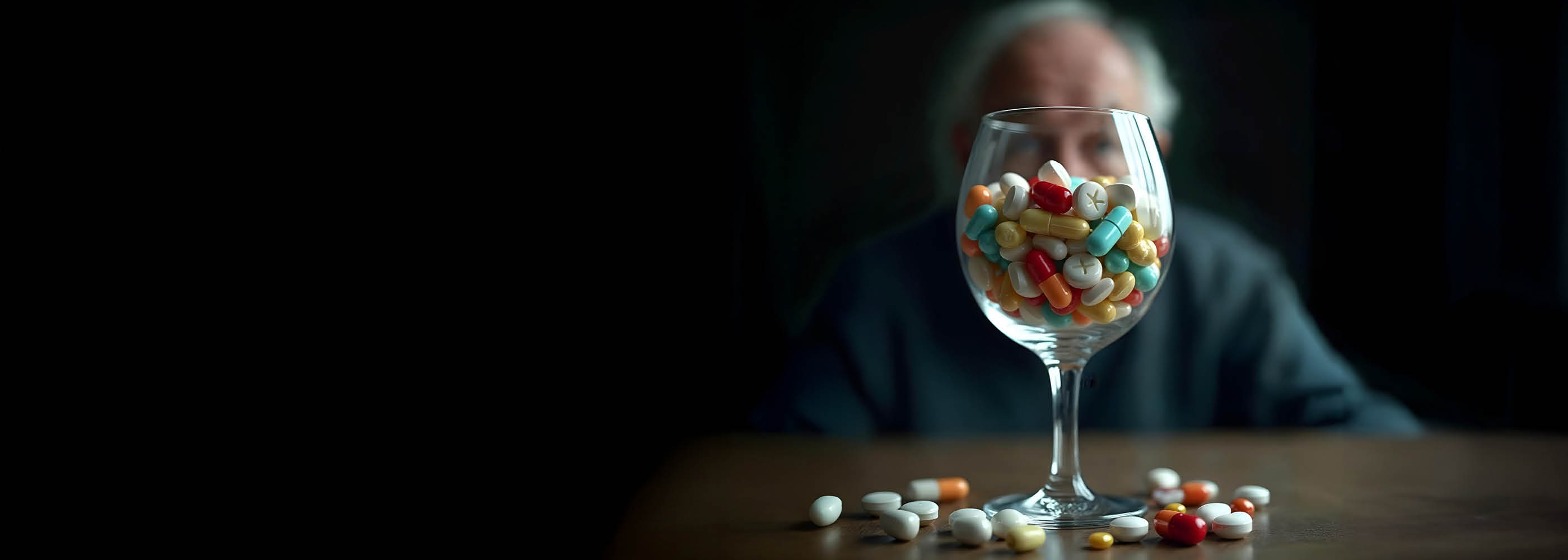 Broschüren-Cover Psinfo, im Hintergrund ein Glas gefüllt mit Pillen und Tabletten
